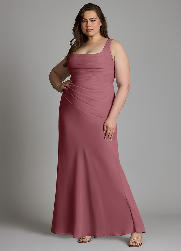 Azazie Agustina Vestidos de dama de honor Vestido Rosa Del Desierto de Gasa de Corte Sirena con Corsé image1