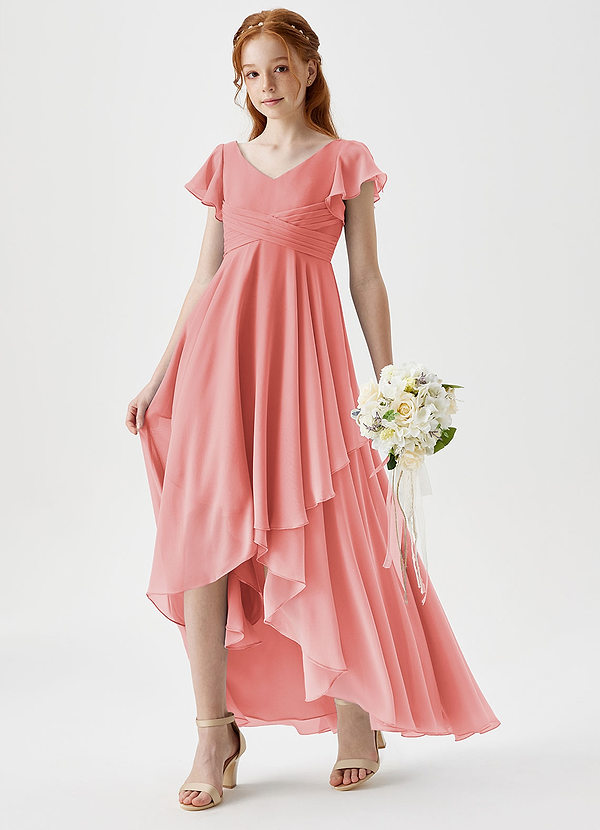Azazie Caria Junior Coral A-Line Pleated Chiffon Dress image1
