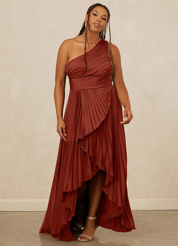 Christian Siriano Bridal for Azazie 1008 Robes Demoiselle d'honneur Robe Trapèze en Satin extensible Ue épaule Terracotta image1