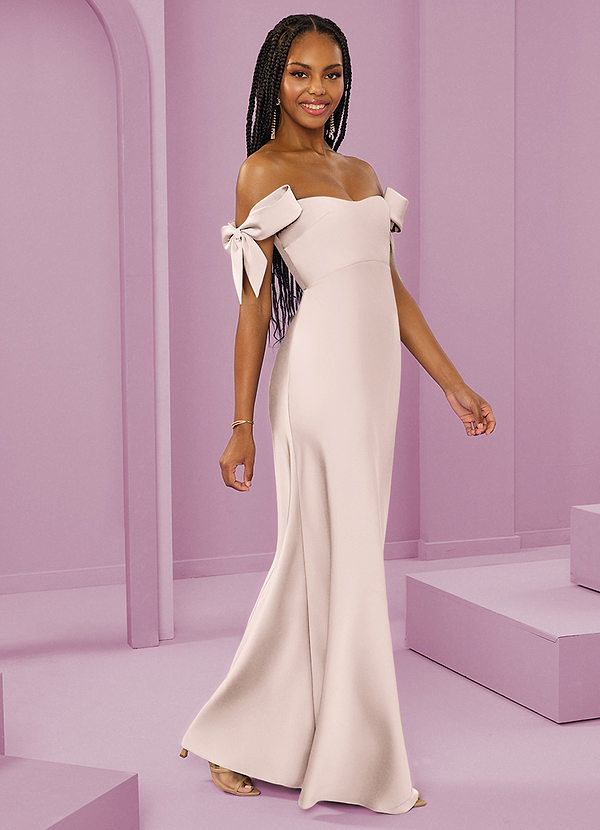 Barbie ♥ Azazie Bruidsmeisjes Jurken Converteerbaar Jurk van Stretch Satijn met Kolom Off the Shoulder Blozend Roze image1