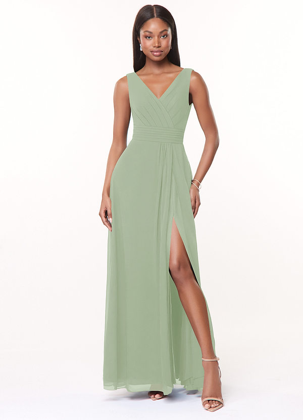 Azazie Karina Bridesmaid Dresses Dusty Sage A-Line Pleated Chiffon Dress image1