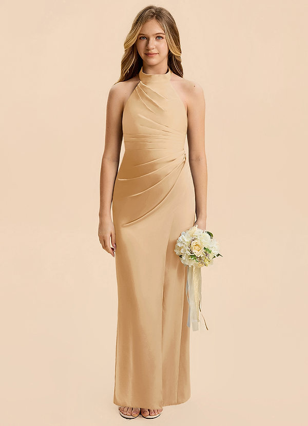 Azazie Jemma Junior Gold A-Line Ruched Stretch Satin Dress image1