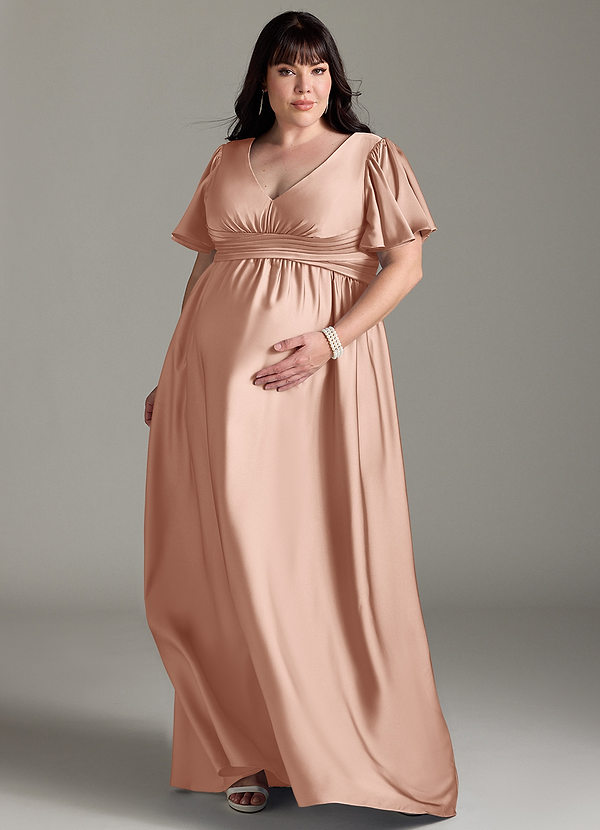 Azazie Verna Maternity Bridesmaid Dresses A-Line Ruched Stretch Satin Floor-Length Dress image1