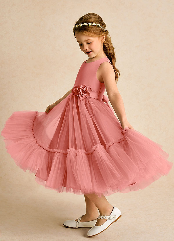 Azazie Miracle Vestidos de arras Vestido Rosa Salmón de Satin Mate de Línea A con Lazo image1