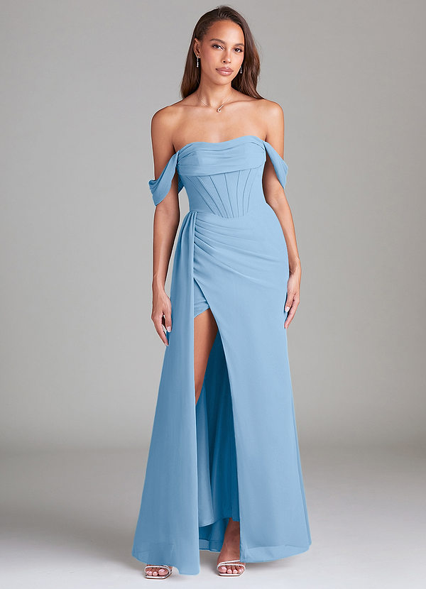 Azazie Amyra Abiti da Damigella Abito Convertibile Tubino in Chiffon a Spalla Scoperta Azzurro Polvere image1