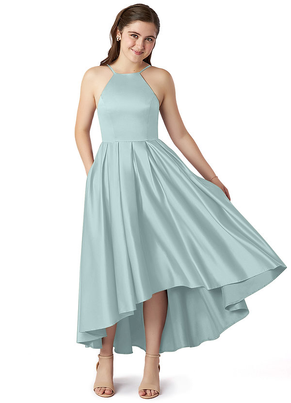Azazie Jemima Junior Mist A-Line with Pockets Stretch Satin Dress image1