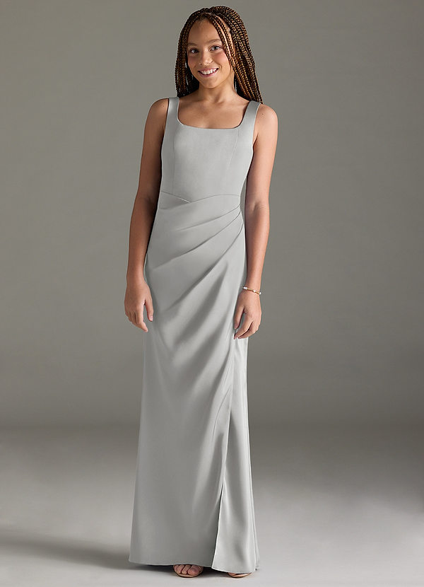 Azazie Mero Junior Silver Mermaid Pleated Stretch Satin Dress image1