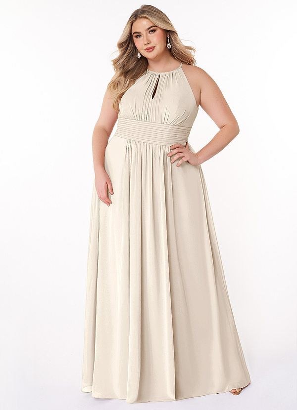 Azazie Bonnie Brautjungfernkleider A-Linie Schlüsselloch Gerüscht Chiffon Kleid Alabaster Weiß image1