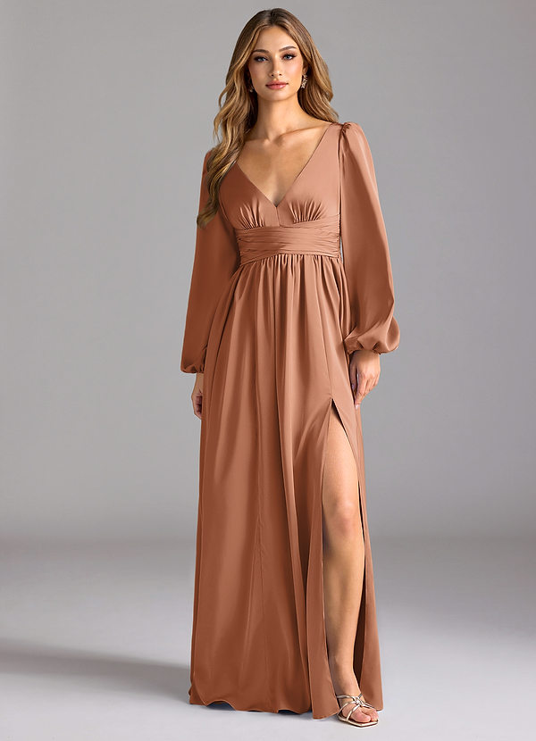 Azazie Norah Abiti da Damigella Abito A-Line in Raso Elasticizzato Bronzo image1