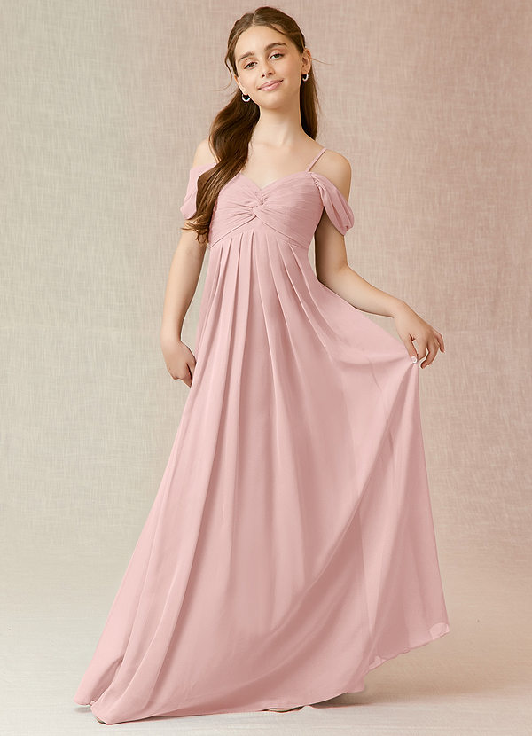 Azazie Kaitlynn Junior Powder Pink A-Line Off the Shoulder Chiffon Dress image1