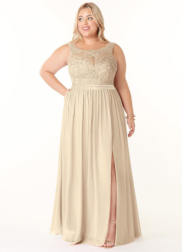 Azazie Elly Bridesmaid Dresses Champagne A-Line Lace Scoop Neck Chiffon Dress image1