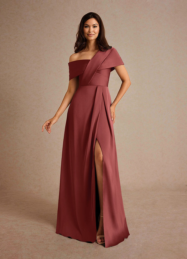 Azazie Milton Robes de mère de la mariée Robe Trapèze en Satin extensible Plissé Terracotta image1