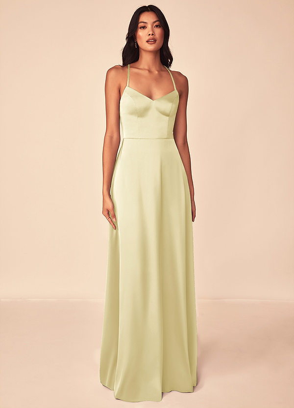 Azazie Mei Brautjungfernkleider A-Linie V-Hals Stretch-Satin Kleid Zitronensorbet image1