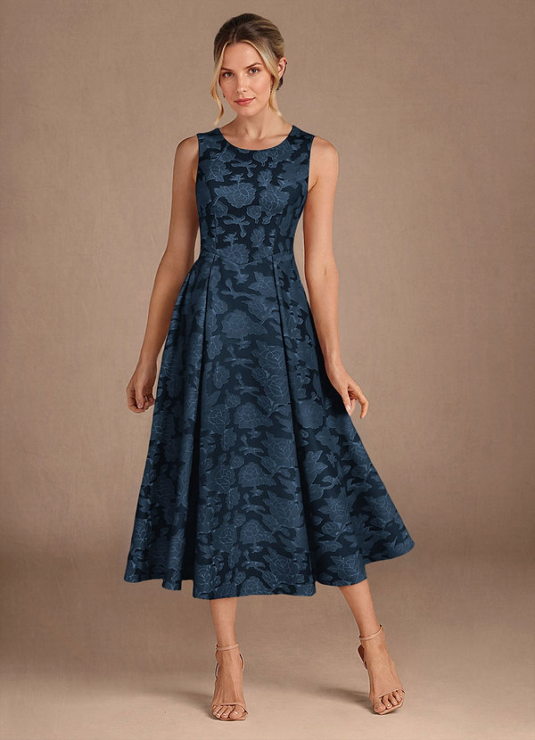 Azazie Fulton Vestidos para Mãe da Noiva Vestido Azul Marinho de Esgotamento Floral de Linha A com Plissado image1