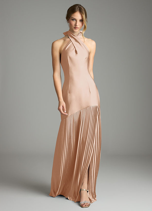 Azazie Nayeli Bruidsmeisjes Jurken Jurk van Stretch Satijn met A-Lijn Geplooid Engelse Roos image1