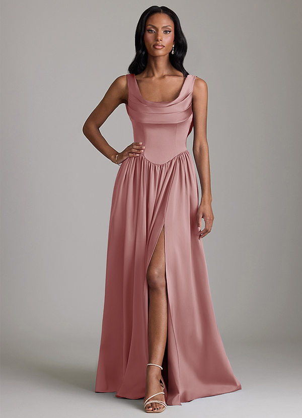 Azazie Novi Bridesmaid Dresses Dusty Rose A-Line with Pockets Stretch Satin Dress image1