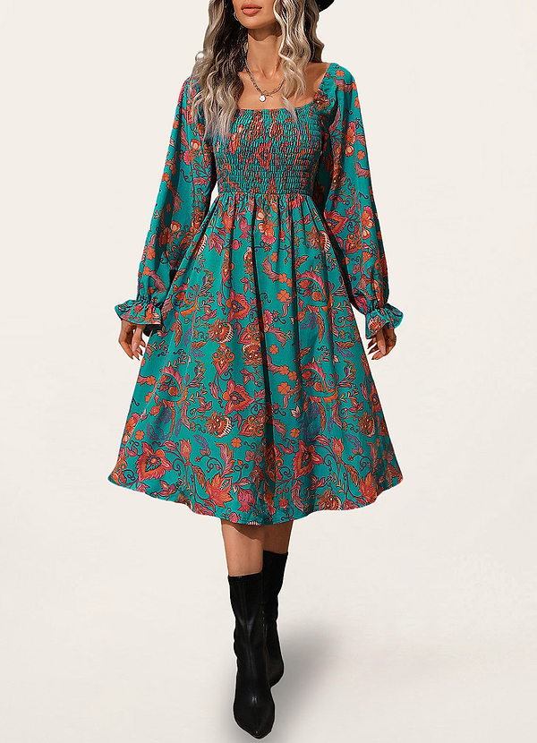 front Graham Bleu Robe mi-longue à imprimé floral et manches bouffantes