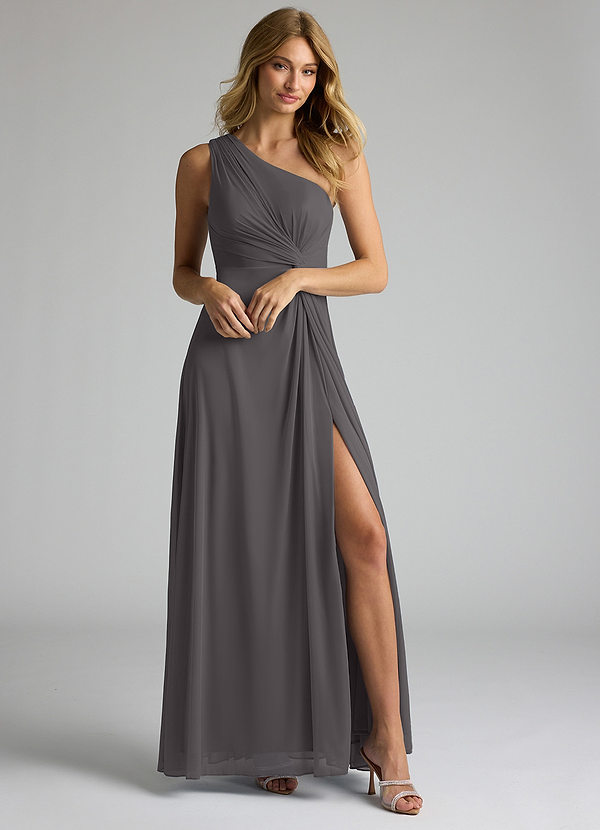 Azazie Brooke Vestidos de dama de honor Vestido de Gris Acero de Malla de Corte En A con Hombro unilateral image1