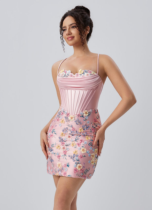 Ophelianna Rose Rougissant Robe courte en satin stretch ornée de fleurs 3D multicolores et de perles image1