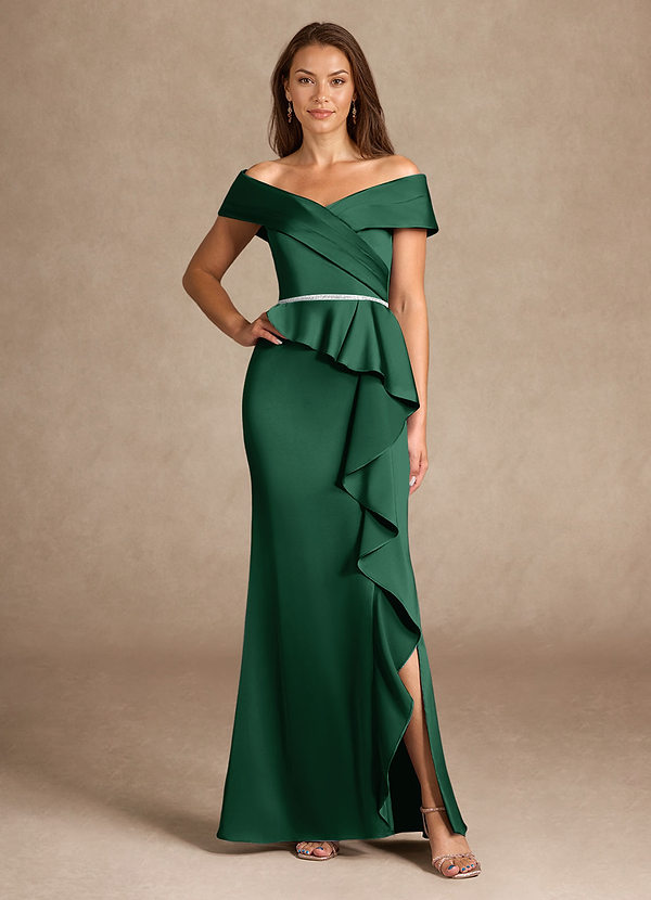 Azazie Dareia Mother of the Brides Dresses Dark Green Mermaid Off the Shoulder Stretch Satin Dress image1