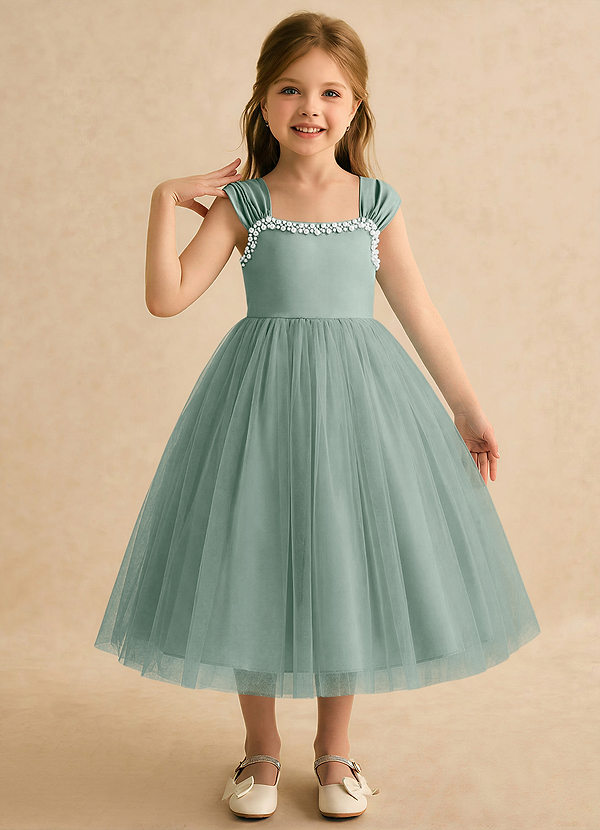 Azazie Yosemite Abiti da Damigella Bambina Abito Principessa in Tulle Scollo a Cuore Salvia Argentata image1