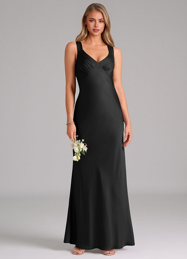 Azazie Kamila Bridesmaid Dresses Black A-Line Pleated Stretch Satin Dress image1