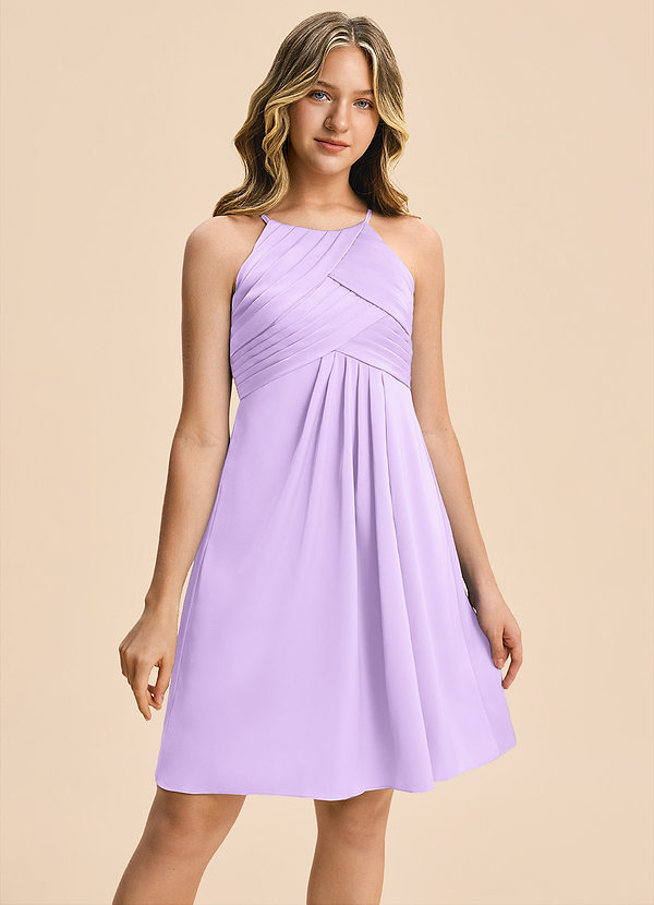 Azazie Ginny Junior Lilac A-Line Pleated Stretch Satin Dress image1