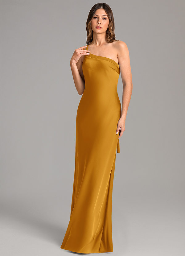Azazie Monroe Bridesmaid Dresses Butterscotch Mermaid One Shoulder Stretch Satin Dress image1