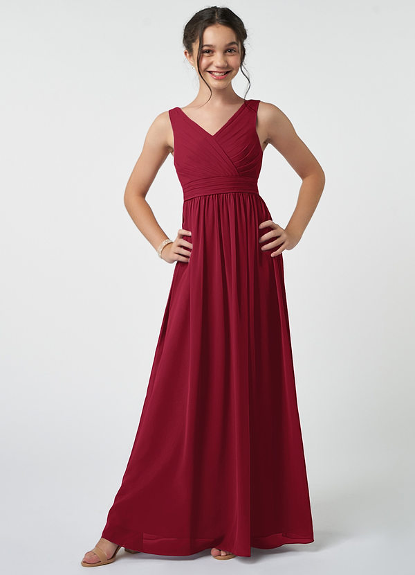 Azazie Kora Junior Burgundy A-Line Pleated Chiffon Dress image1