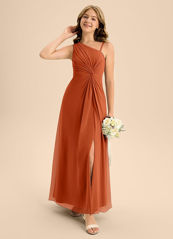 Azazie Brooke Junior Abito A-Line in Chiffon Spacco Laterale Arancia Bruciata image1