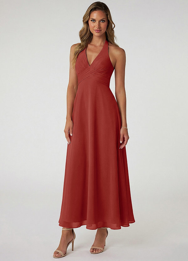 Azazie Tessie 신부 들러리 드레스 A라인 주름진 쉬폰 발목 길이 드레스 image1