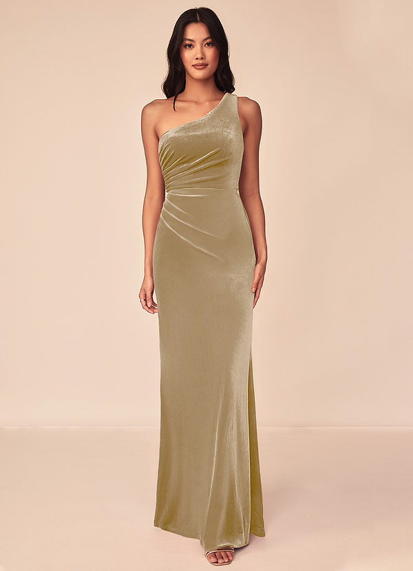 Azazie Argan Bridesmaid Dresses Golden Tan A-Line One Shoulder Pleated Velvet Dress image1