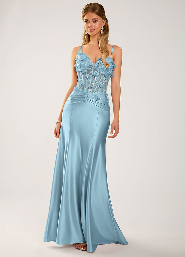 Elarow Staubblau 3D-Blumenperlen-Korsett-Satin-Abendkleid image1