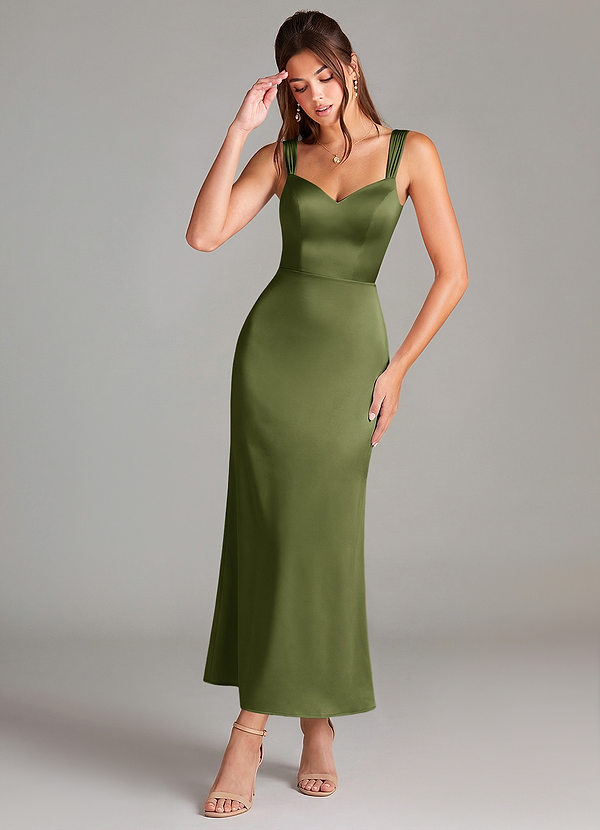 Azazie Denice Abiti da Damigella Abito Tubino in Raso Elasticizzato Plissettato Oliva image1