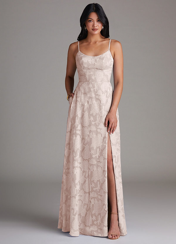 Azazie Moira Robes Demoiselle d'honneur Robe Trapèze en Blumen-Burnout Fente Latérale Rose Pâle image1