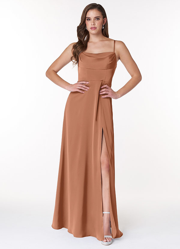 Azazie Clove Bridesmaid Dresses A-Line Cowl Neckline Side Slit Stretch Satin Floor-Length Dress image1