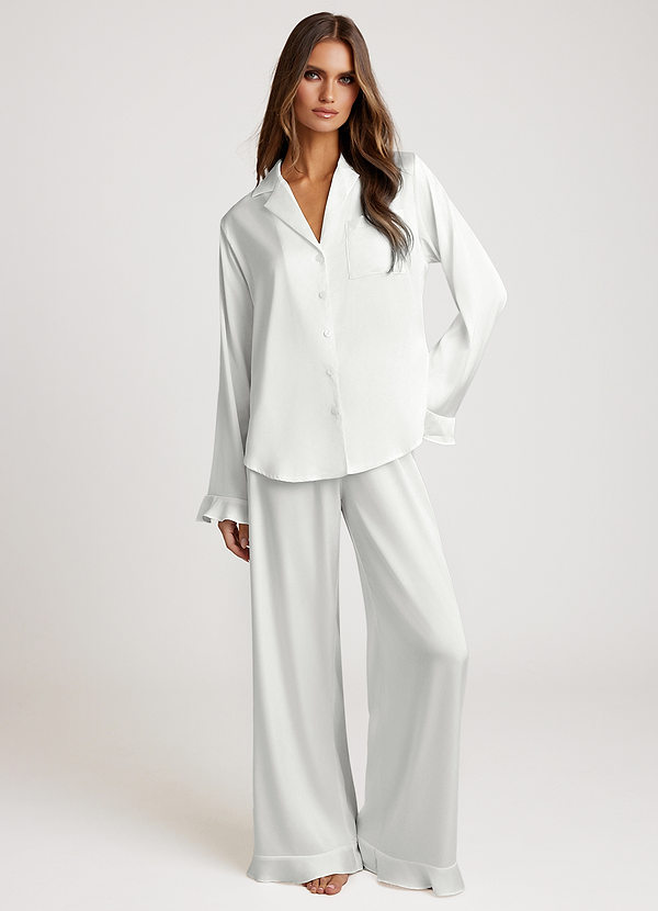 front 화이트 러플 새틴 긴팔 파자마 세트
