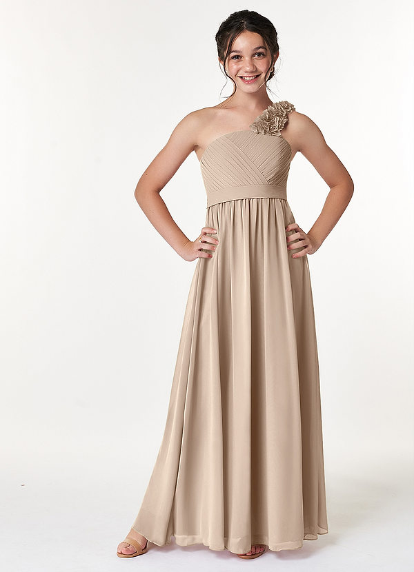 Azazie Flower Junior A라인 주름진 쉬폰 플로어 길이 주니어 신부 들러리 드레스 image1