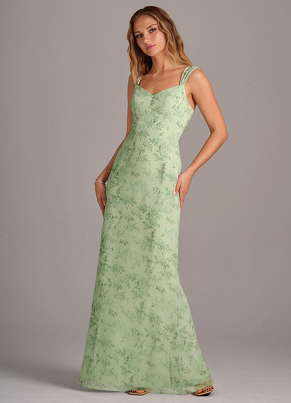 Azazie Denice Bridesmaid Dresses Green Fern Floral Sheath Pleated Chiffon Dress image1