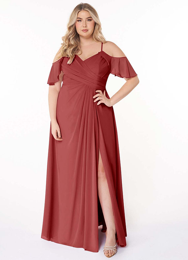 Azazie Dakota Bridesmaid Dresses Rust A-Line V-Neck Pleated Chiffon Dress image1