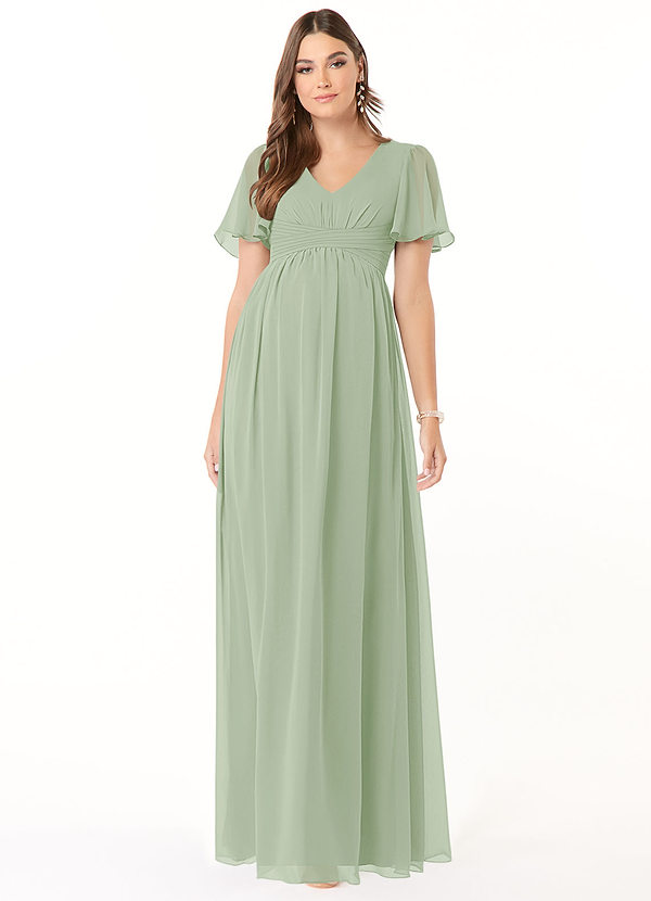 Azazie Verna Vestidos de dama de honor para embarazadas Vestido de Acampanado Cuello en V fruncido Largo hasta el piso Satin Mate image1