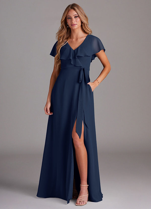 Azazie Lainey Bridesmaid Dresses Dark Navy A-Line with Pockets Chiffon Dress image1