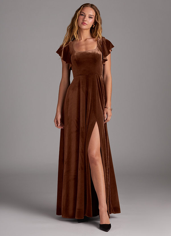 Azazie Bondi Bridesmaid Dresses Umber A-Line Side Slit Velvet Dress image1