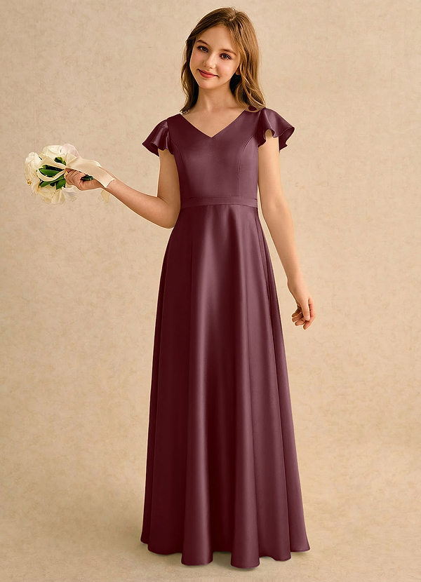 Azazie Nari Girls Formal Sukienki dla dziewczynek sypiących kwiaty Linia A z rękawami Satyna elastyczna Długość podłogi Sukienka image1