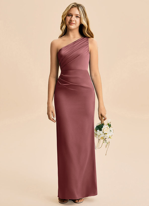 Azazie Akilah Junior Vestido de Amatista de Satén Elástico de Corte Recto con Plisado image1