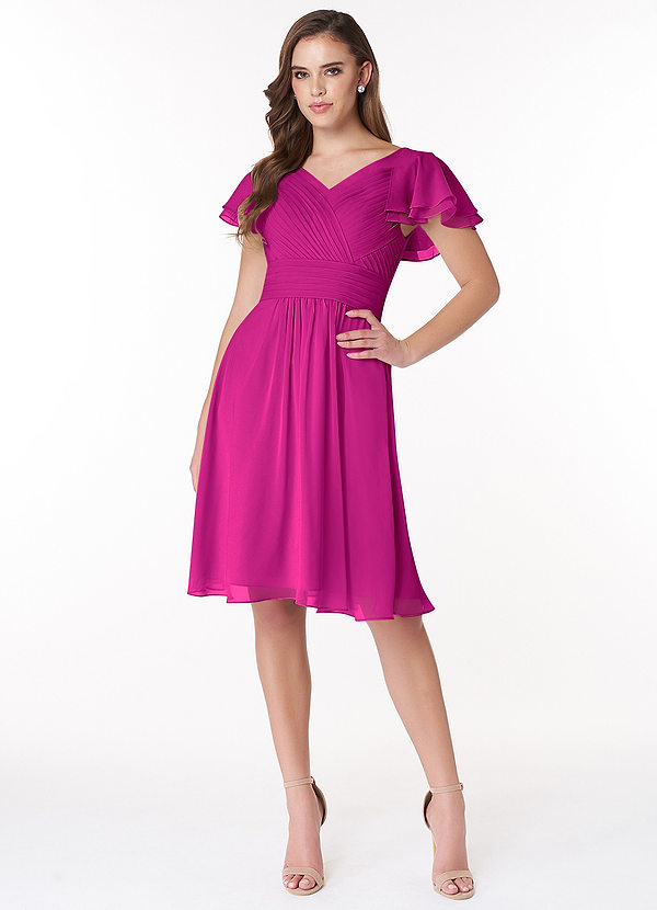 Azazie Hadley Modest Bridesmaid Dresses A-Line Pleated Chiffon Knee-Length Dress image1
