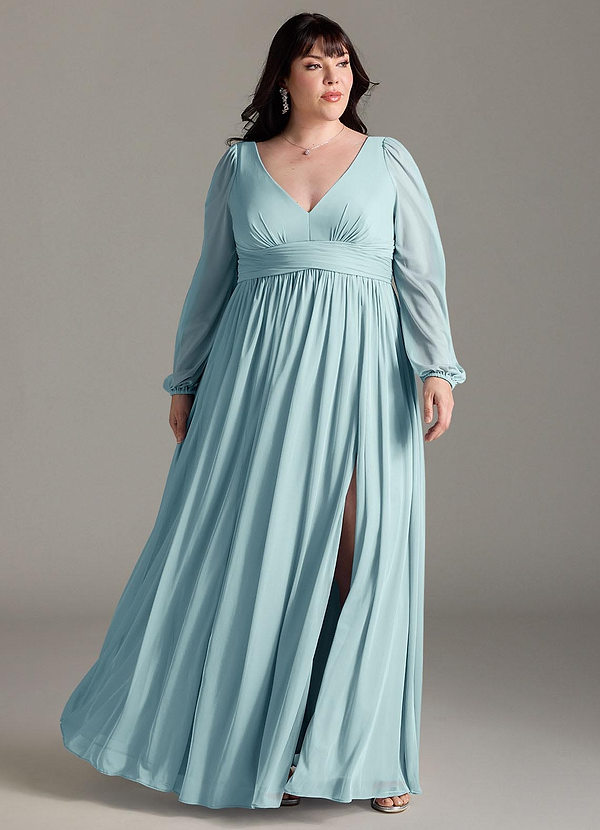 Azazie Norah Vestidos Dama de Honor Vestido de Vidrio Marino de Gasa de Corte en A con Manga larga con cuello en V image1