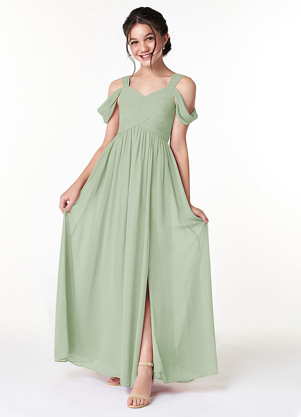 Azazie Lianne Junior Dusty Sage A-Line Off the Shoulder Chiffon Dress image1