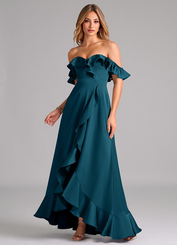 Azazie Lyra Bridesmaid Dresses Ink Blue A-Line Off the Shoulder Stretch Satin Convertible Dress image1