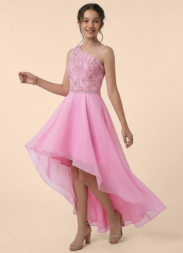 Azazie Peaches Junior Formal Linia A Zroszony Siatka Długość podłogi Młodsza druhna Sukienka image1